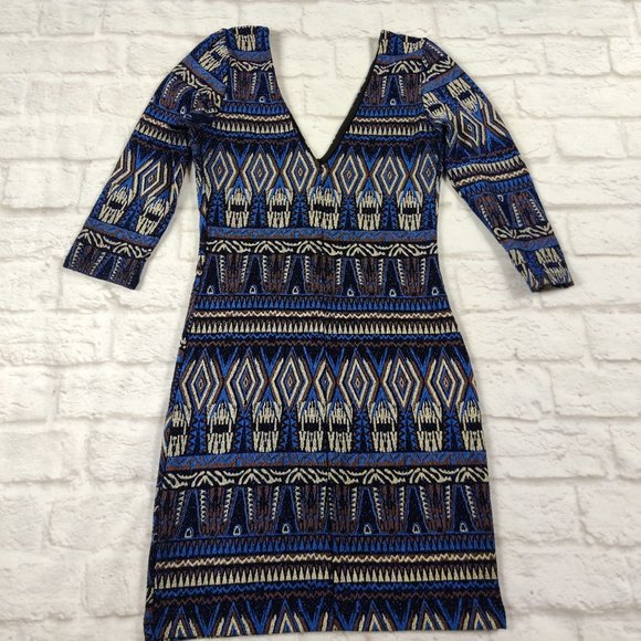 Millibon womens v neck bodycon mini cocktail dress sparkle y2k tribal blue sz M - Picture 2 of 6